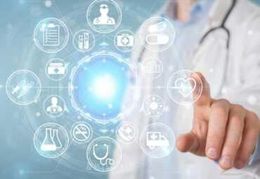 Doctor on blurred background using digital medical futuristic interface 3D rendering