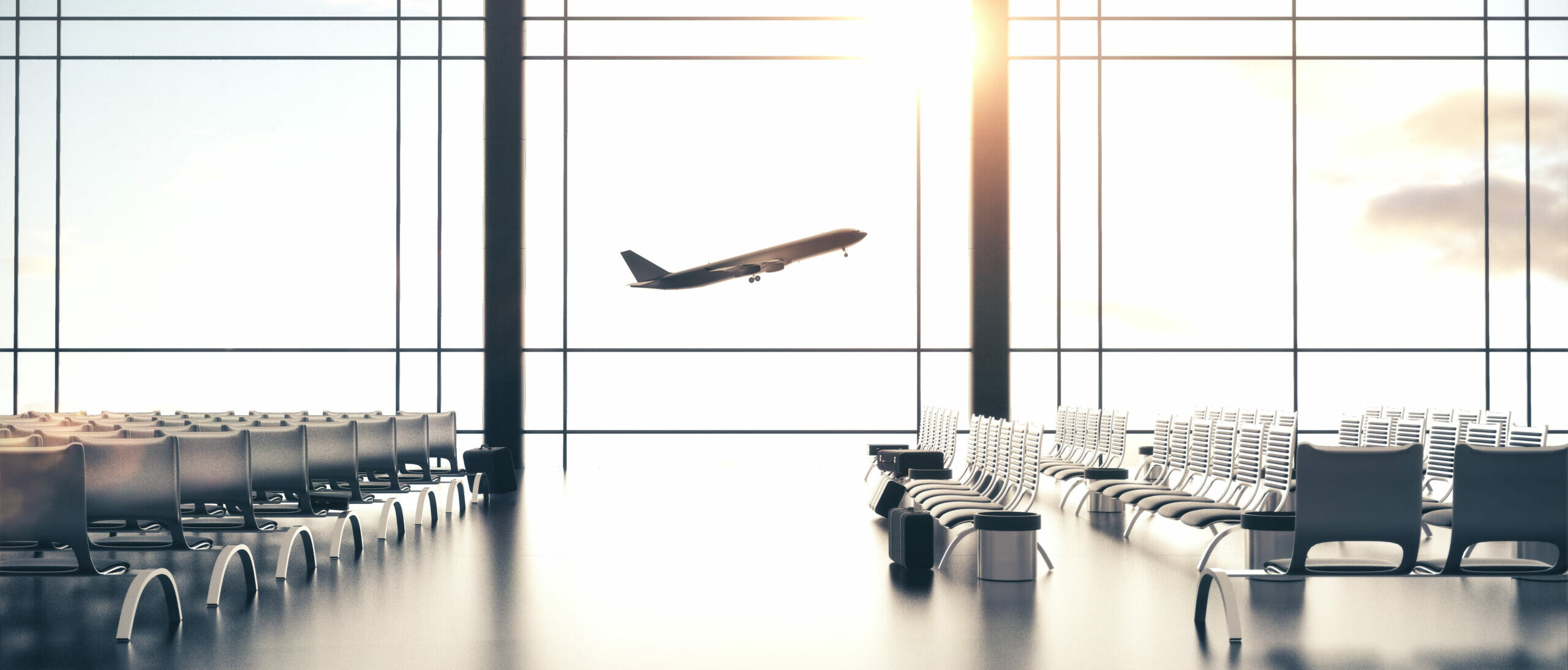 futuristic airport, waiting area interior  and windows with landscape view. Airplane flying in sky.  Travel and lifestyle concept. 3D Rendering