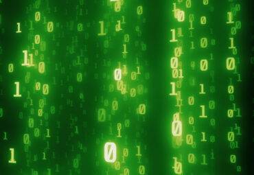 Digital lines of binary code, glowing neon style, binary data background, green color