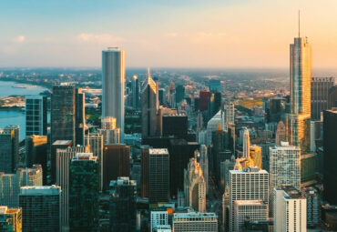 Downtown Chicago cityscape skyscrapers skyline at sunset