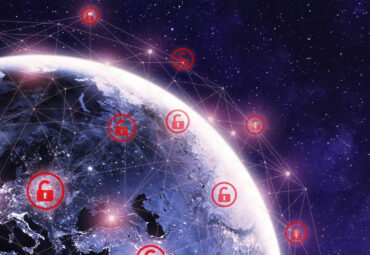 Global cyber attack around the world with planet Earth viewed from space and internet network communication under cyberattack with red icons, worldwide propagation of virus online