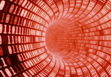 Digital binary code tunnel, glowing neon style, binary data worm hole background, red color