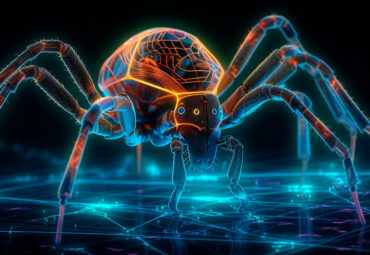 Cyberspider on digital glowing web background. Purple 3d techno insect with yellow force field creates glowing generative AI network to protect and hack system