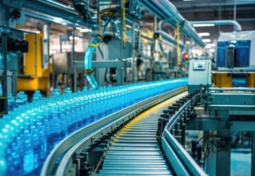 well-organized production line with automated machinery and workers carefully overseeing the production process. Vibrant liquids flow through transparent pipes, and bottles move along the conveyor, undergoing filling, labeling, and packaging.