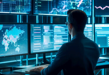 Close-up Shot of man IT Engineer Working in Monitoring Room. He Works with Multiple Displays. Data analytics