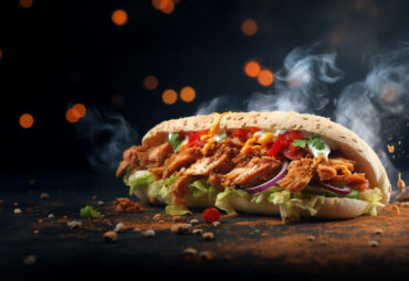 fresh grilled beef turkish or chicken arabic shawarma doner sandwich with flying ingredients and spices hot ready to serve and eat food commercial advertisement menu banner with copy space area