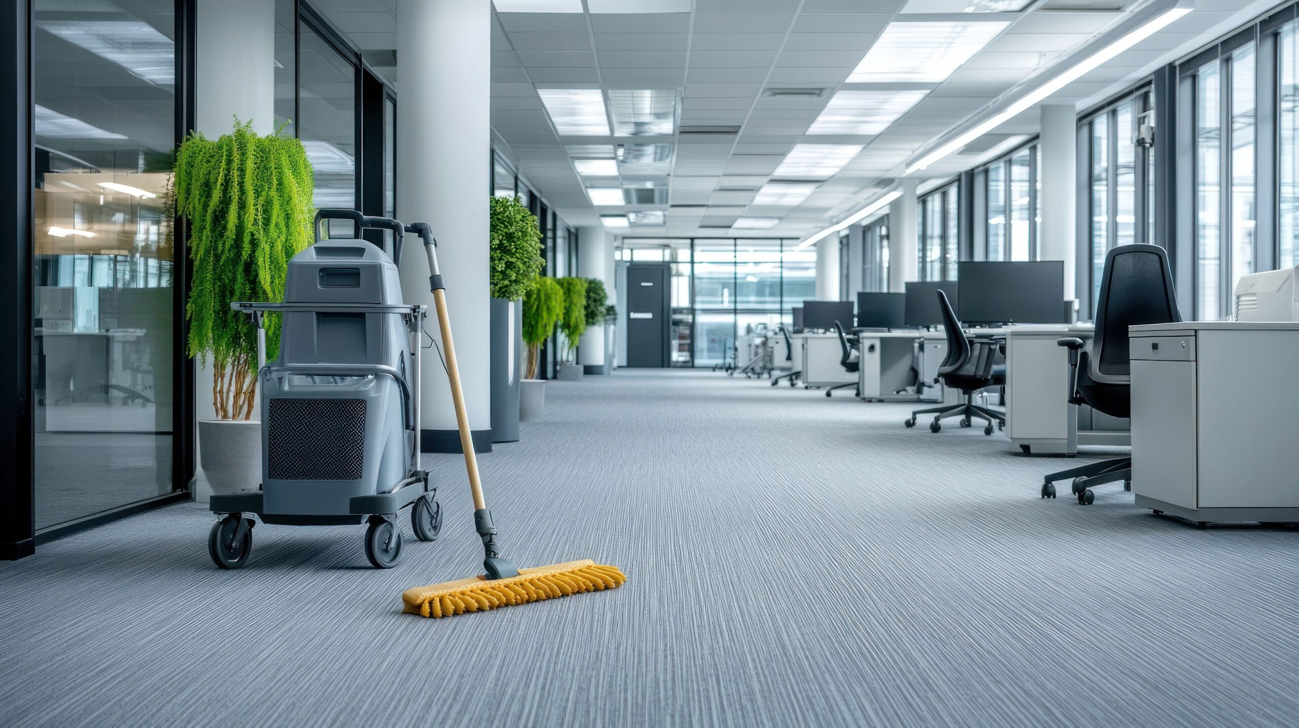 A quiet office corridor features a mop and cleaning trolley parked to the side, suggesting a paused cleaning routine in a modern business environment.