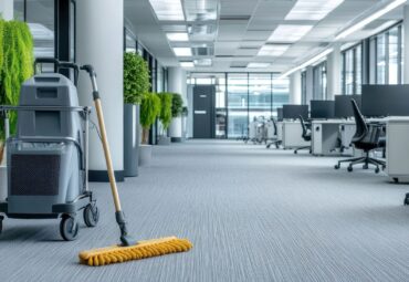 A quiet office corridor features a mop and cleaning trolley parked to the side, suggesting a paused cleaning routine in a modern business environment.