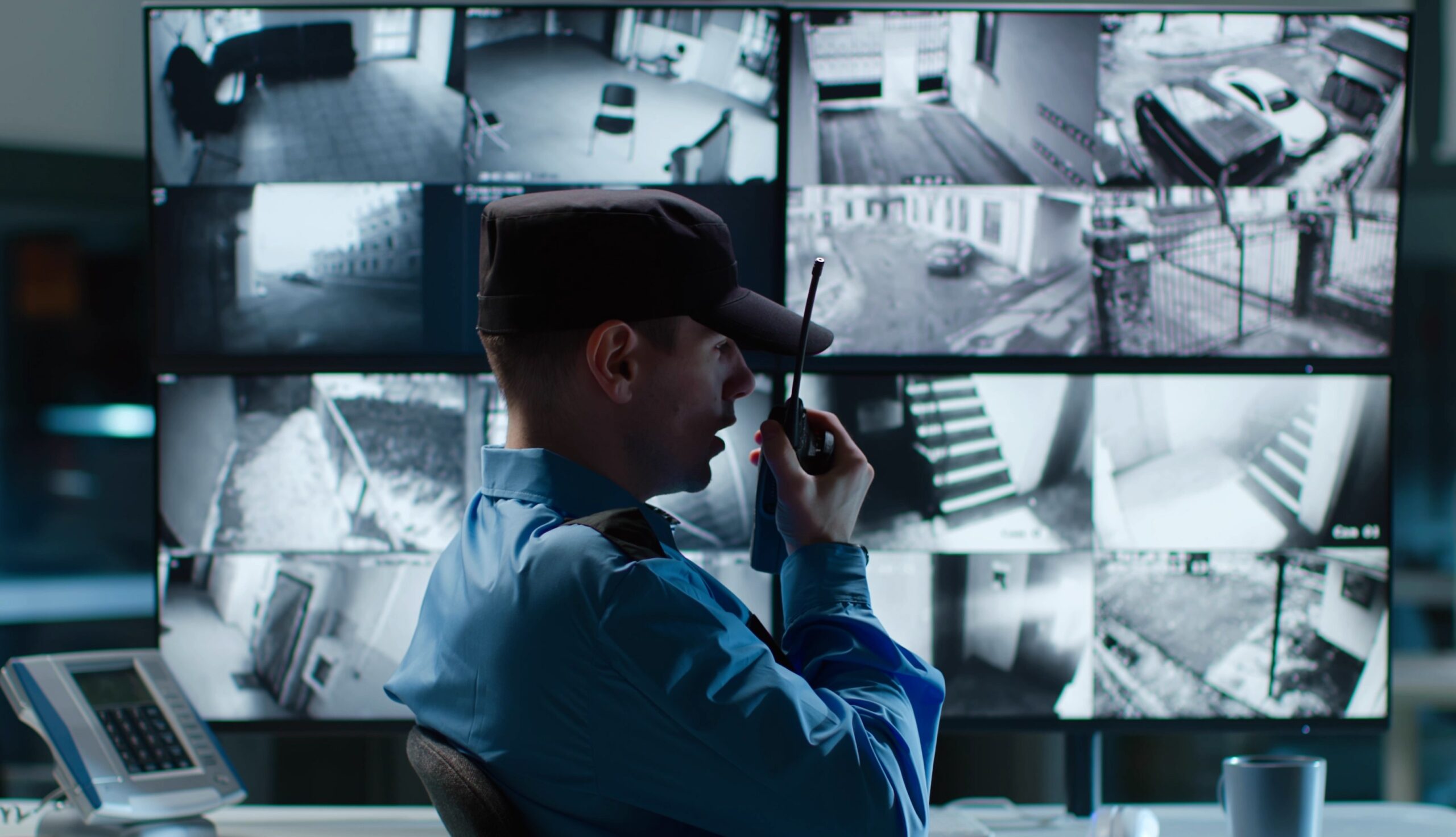 Security guard talking on walkie talkie while looking at cctv camera footage on multiple computer screen
