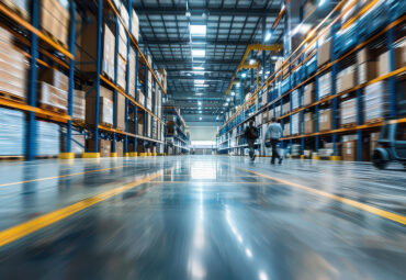 Wide angle shot of employees moving through a logistics terminal, showing daily workflow, operational activity, industrial environment and modern supply chain processes.